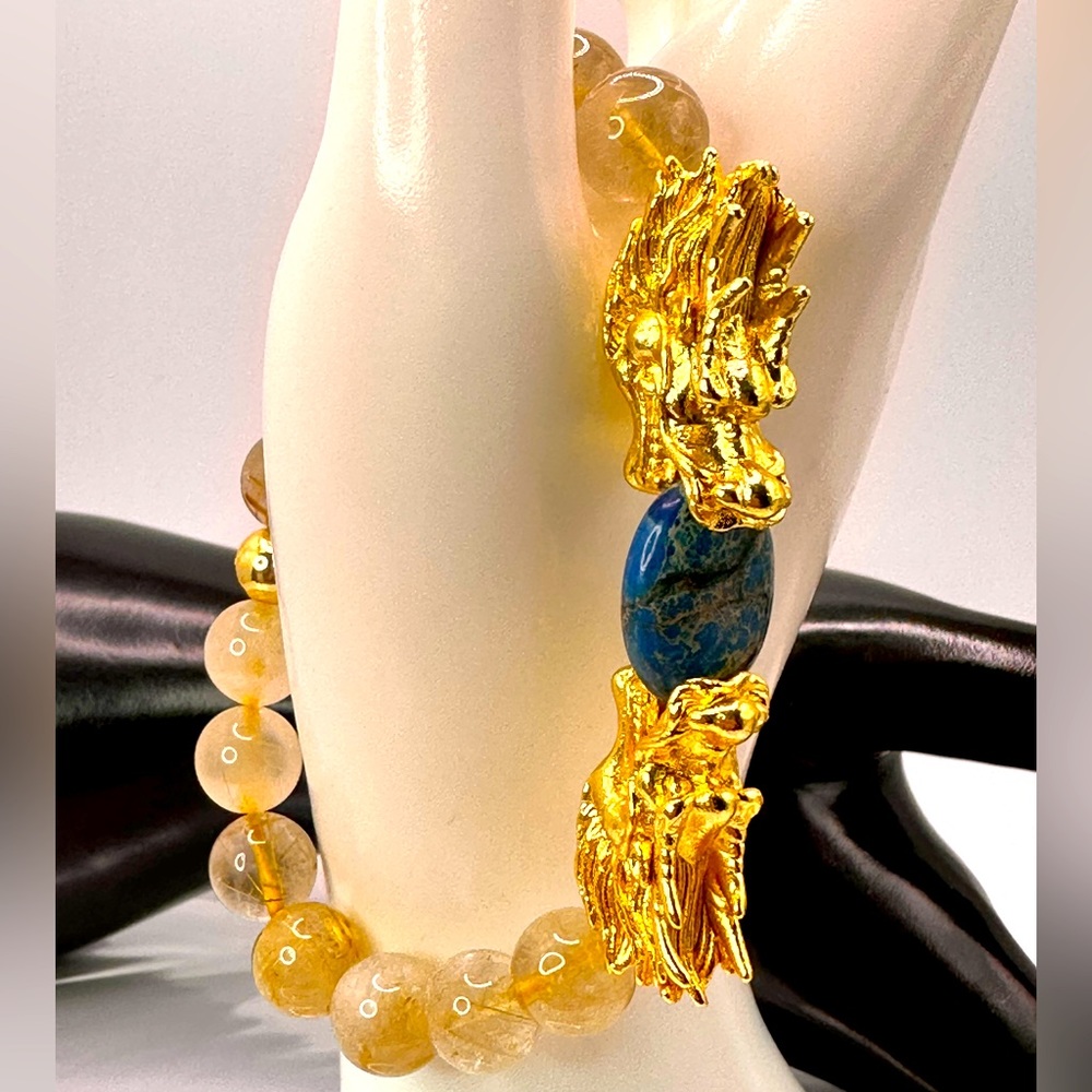 GOLD RUTILATED QUARTZ + SEA JASPER NATURAL STONES BRACELET size 7.5”